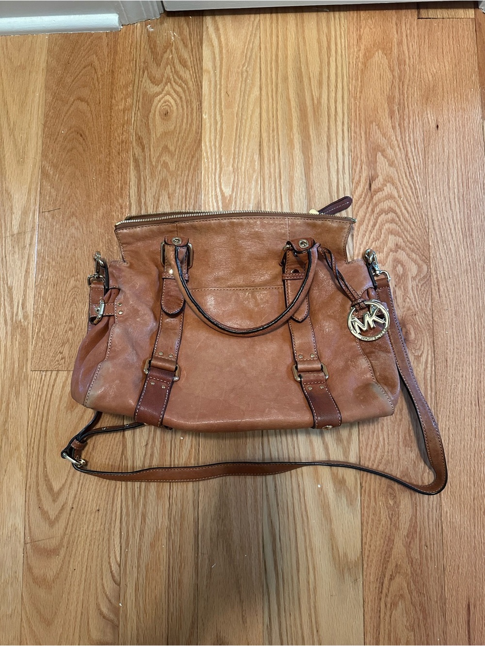 Michael Kors Cognac Leather Shoulder Satchel with MK Charm